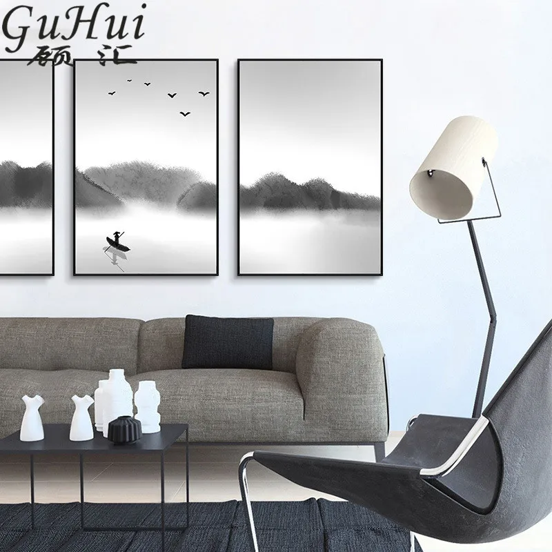 Тихая картина с изображением озера и гор современный китайский пейзаж