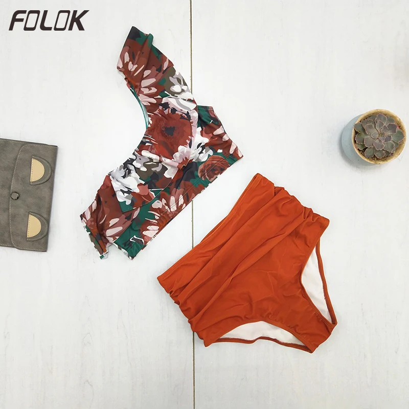 Женский купальник на одно плечо бикини с оборками пуш-ап высокой талией