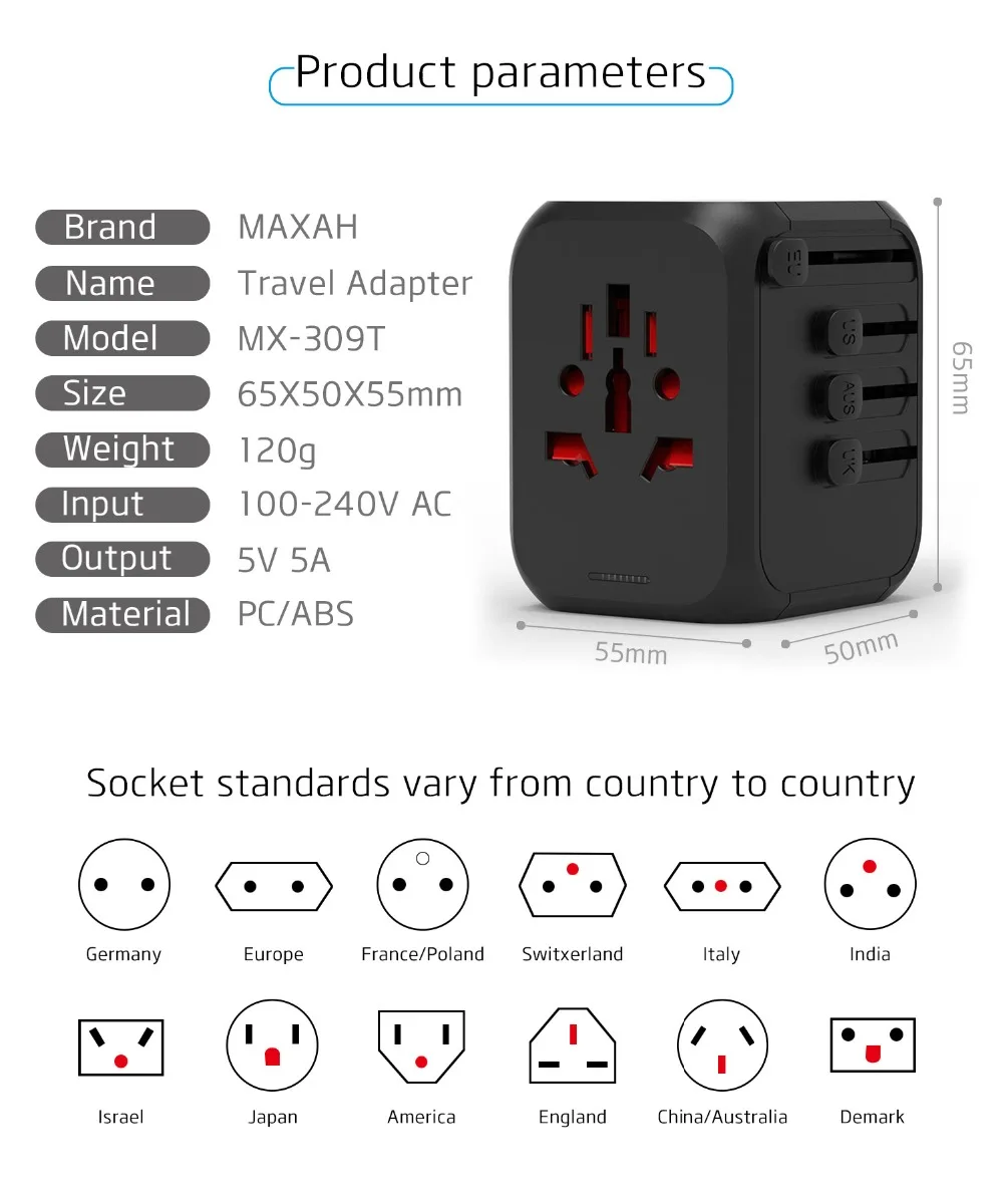 MAXAH дорожный адаптер с 3 USB зарядным устройством и Type C универсальный для