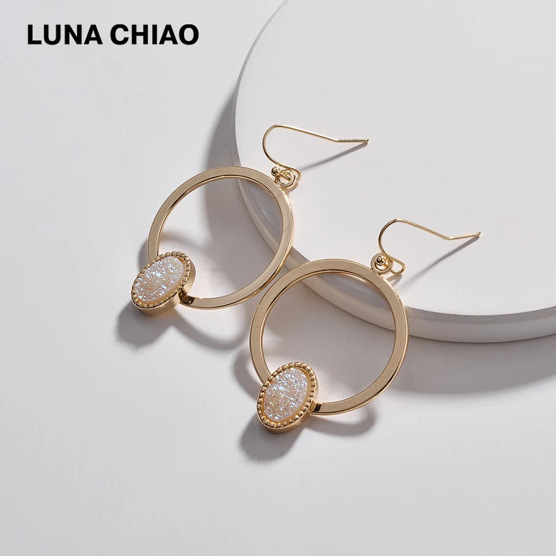 LUNA CHIAO Fashion Designer Circles Disc Drop Earrings with Metallic Resin Oval Druzy Jeweled | Украшения и аксессуары