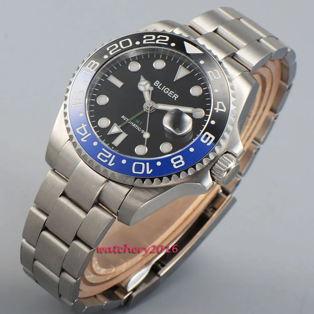Мужские автоматические механические часы Bliger GMT черный циферблат 43 мм с