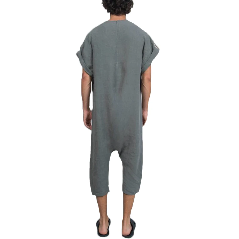 Ethnic Islamic Rompers Mens Jumpers Fashion Jumpsuits V Neck Muslim Islamic Kaftan Overalls Working Pockets Trouser Coveralls