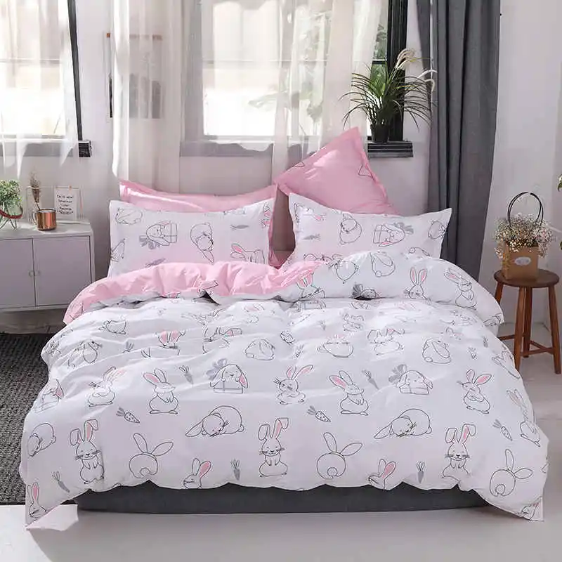 SlowDream Bedding Set Cartoon Lovely Rabbit Pink Girl Bedspread Double Queen Adult Child Duvet Cover Set Bed Linen Flat Sheet - Цвет: 1