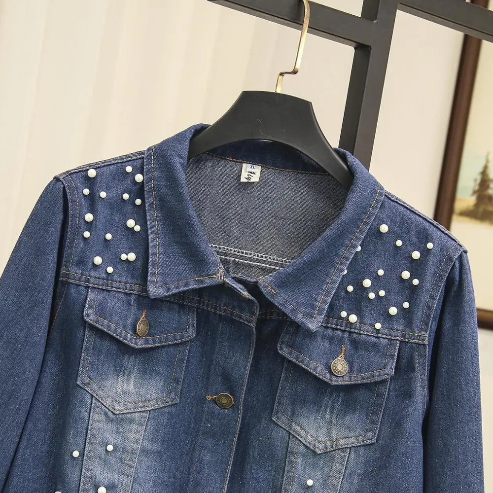 Plus size 5XL Denim Short Jacket Women Spring Autumn Beading Jeans Coat Female Long sleeve Casual Tops Basic Outerwear G192 | Женская