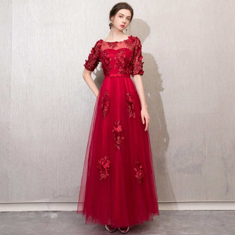 Robe de soiree винно Красное длинное вечернее платье с круглым вырезом и аппликацией