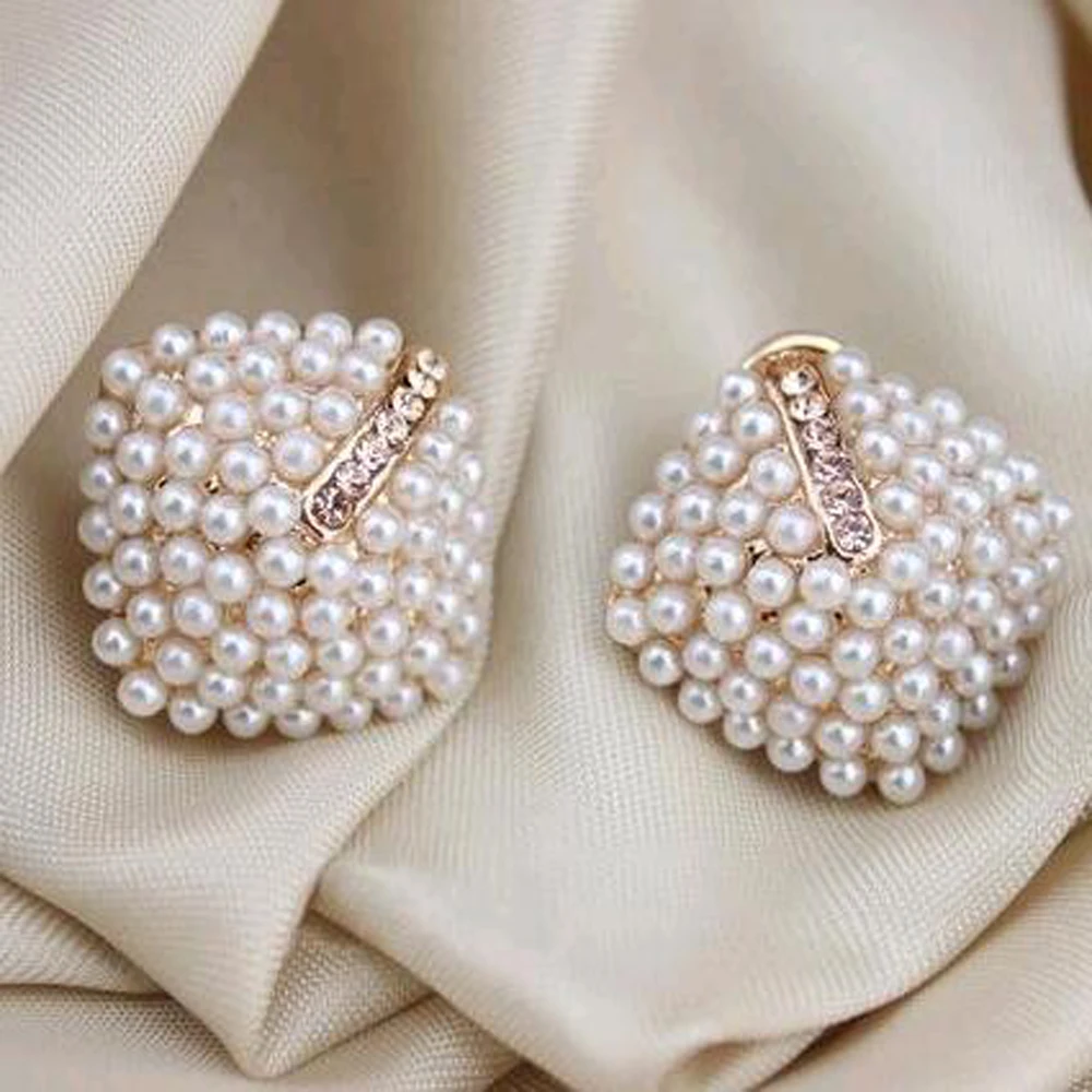 

FAMSHIN 2016 New Fashion Beautiful Rhinestone Square Temperament Type Pearl Stud Earrings for Women Jewelry Stud Earrings
