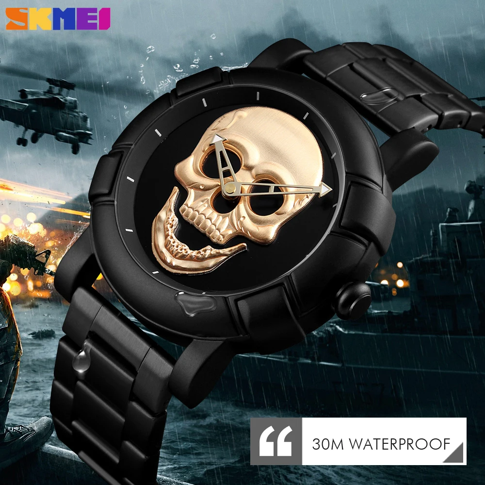 

SKMEI Top Brand Luxury Skull Watch Men Fashion Sport Quartz Stainless Steel Clock Waterproof Mens Wristwatch Relogio Masculino