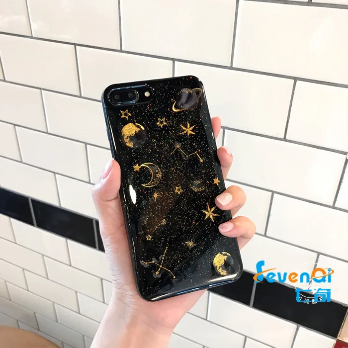 Sevenqi Роскошный блеск звезд Чехол для iPhone 7 плюс 6 6S сверкающих Сатурн Луна кремния