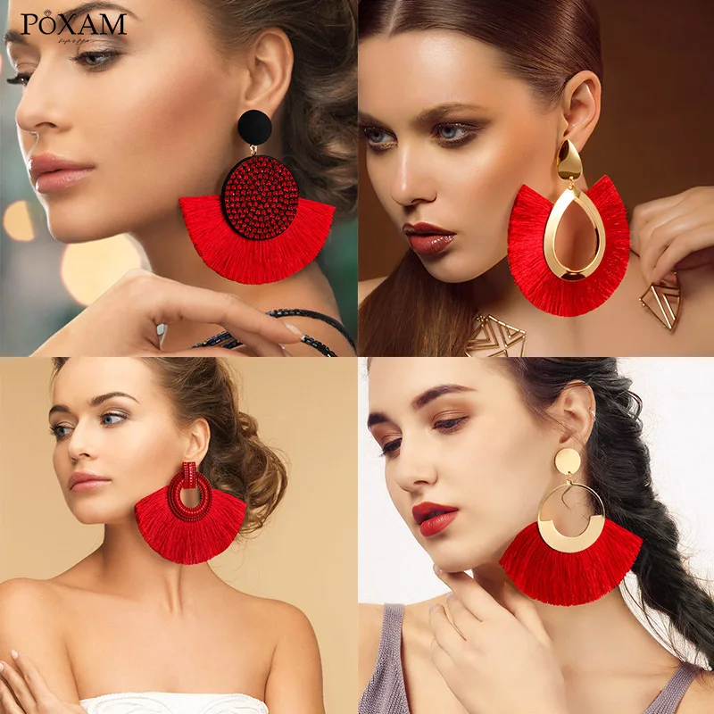 

Fashion Bohemian Big Tassel Drop Earrings For Women Geometric Statement Red silk Fabric Fringe Dangle Earings Hanging Jewelry