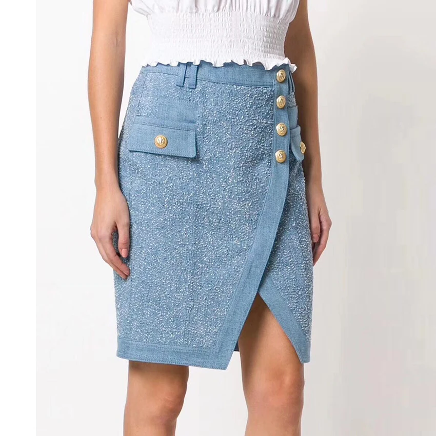 Женская ассиметричная джинсовая юбка на пуговицах со львом и кисточками