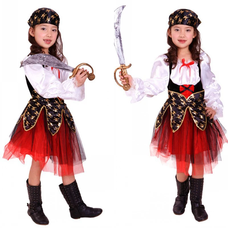 

2019 New Pirate Costumes Girls Party Dress Christmas Costume for Kids Clothes Game Uniforms with Scarf Performance Kindergarten