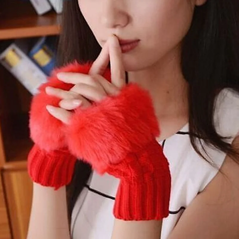 Red 1 пара, модные женские зимние вязаные меховые без пальцев перчатки, теплые шерстяные одноцветные милые перчатки - Цвет: Red