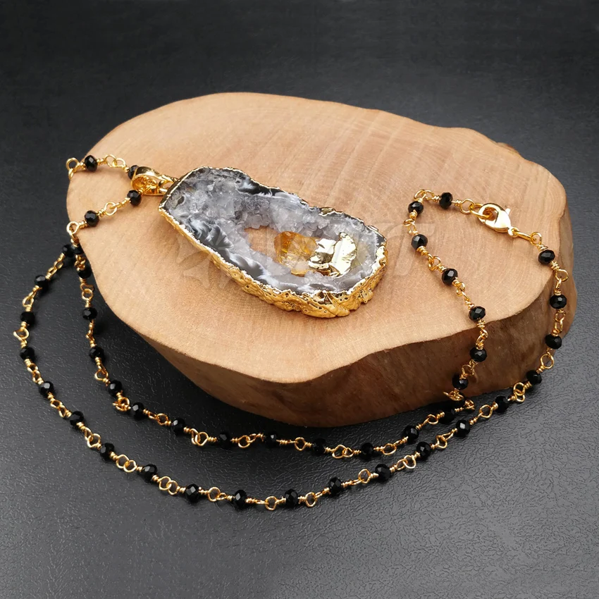 WT-N974 Wholesale Custom Natural Geode A g a t e With Charm Pendant Necklace Black Rosary Chain Trendy For Women | Украшения и