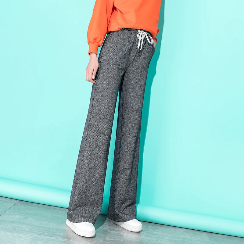 Women High Waist Wide Leg Pants 2019 New Spring Summer Casual Loose Elastic Striped Straight Palazzo Full Length Trousers | Женская