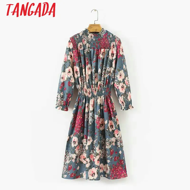 Tangada Винтаж цветочные плиссированные платья для женщин эластичный пояс с длинным рукавом Водолазка женская Ретро мода осень Vestidos XD01 - Цвет: Многоцветный