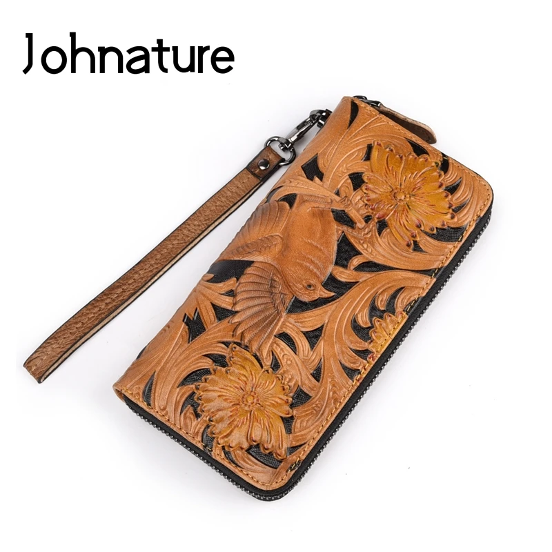 Женские кошельки и бумажники Johnature длинные из натуральной кожи с тиснением в