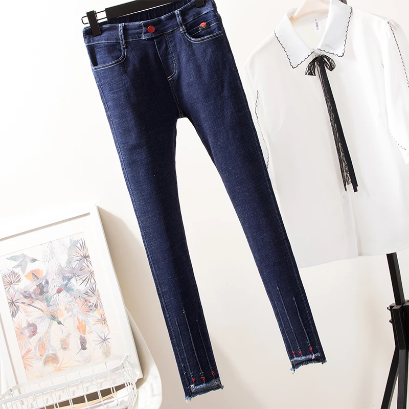 Большие размеры джинсы для женщин с кисточками средняя талия эластичные узкие