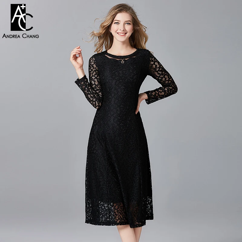 Женское платье с цветочным принтом Черное Кружевное Платье до щиколотки