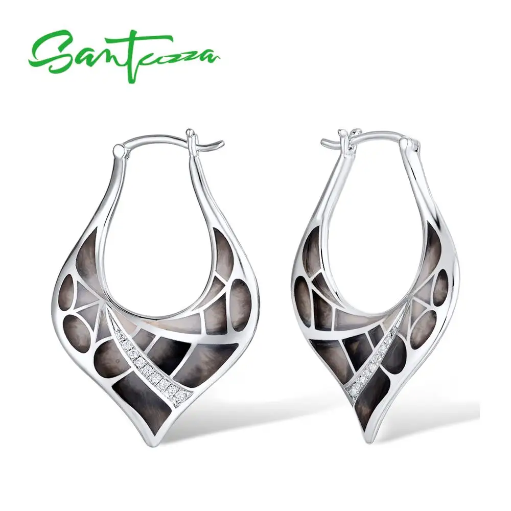 SANTUZZA, серебряные серьги для женщин, 925 пробы, серебряные, элегантные, черные листья, блестящие, кубический цирконий, модные ювелирные изделия, ручная работа, эмаль