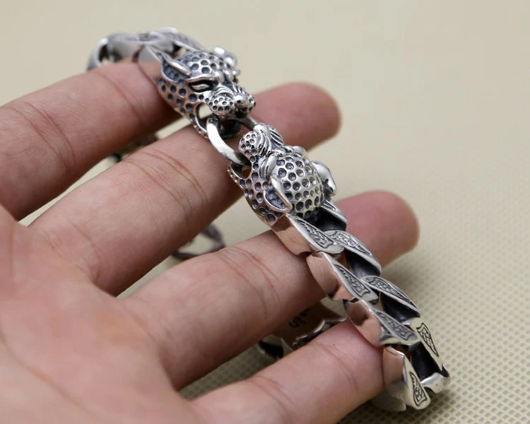 Браслет с двумя головами леопарда для мужчин 13 мм 64,1 г 100% чистого твёрдого серебра 925 Античные украшения модного стиля в подарок.