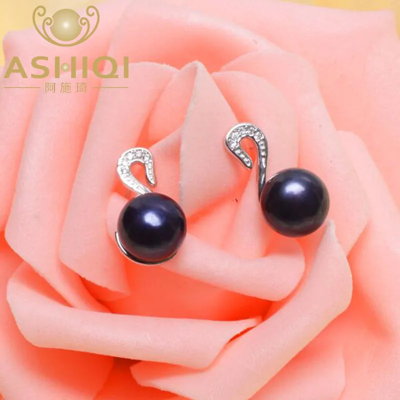 ASHIQI 925 Sterling Silver Black Swan Frewshwater Pearl Earrings White 7.5-8mm Natural Jewelry for women | Украшения и аксессуары
