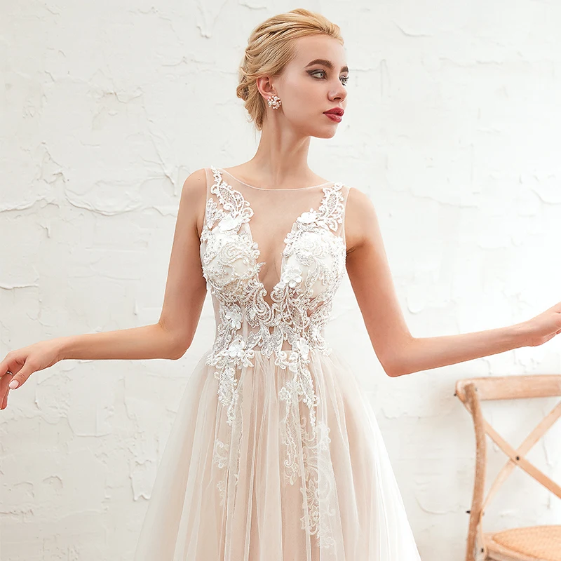 100% Real Photos Wedding Dresses Scoop Neck Sleeveless Illusion Bodice Vestido De Casamento Boho Bridal Dress For Summer | Свадьбы и