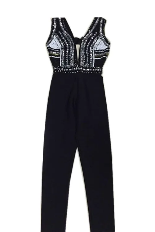 Женский комбинезон без рукавов черный из искусственного шелка с бусинами лето 2019