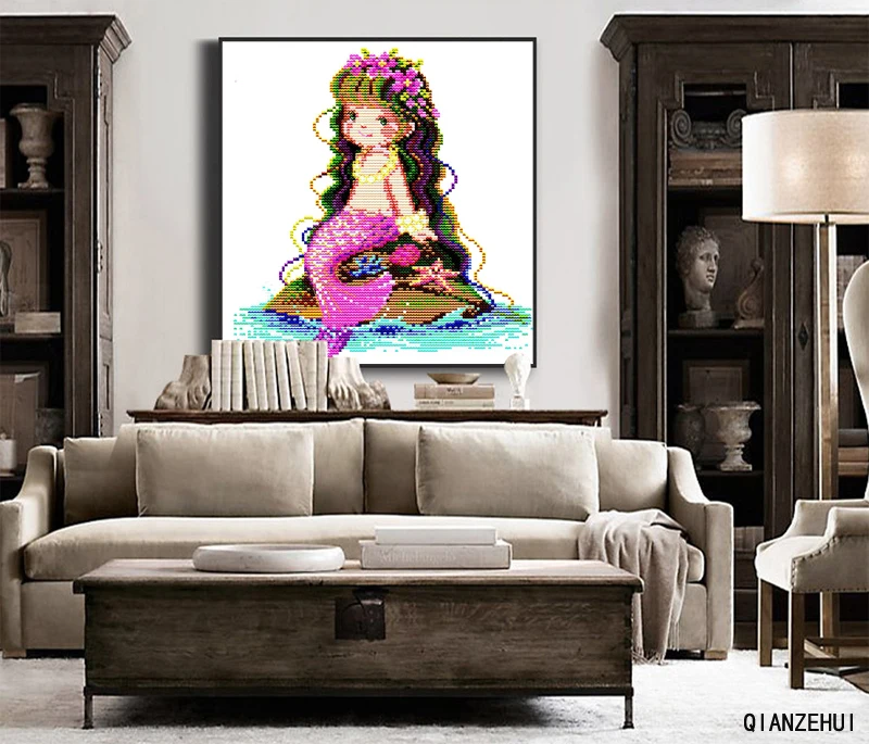 QIANZEHUI Needlework DIY printing The little mermaid Cross Stitch Sets For Embroidery kits Cross-Stitching Wall Home Decro | Дом и сад