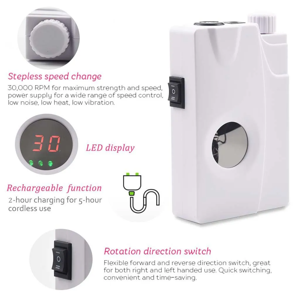 Timistory 30000RPM Rechargeable Portable Electric Nail Drill Machine with LCD Display Cordless Manicure Set Tool | Красота и здоровье