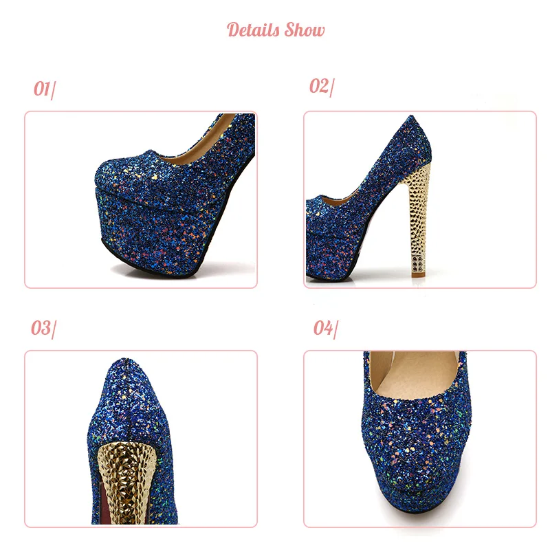 Lasyarrow Brand Shoes Women Platform High Heels Pumps Round Toe Bling Bling Silver Party Wedding Shoes Thick Heels Big Size F79