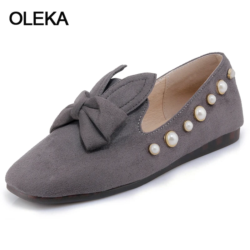 Oleka 2018 Newest Women Flats Square Toe Bow Tie Female Shoes Pearl Woman Plus Size 30-44 Black Red AC117 | Обувь