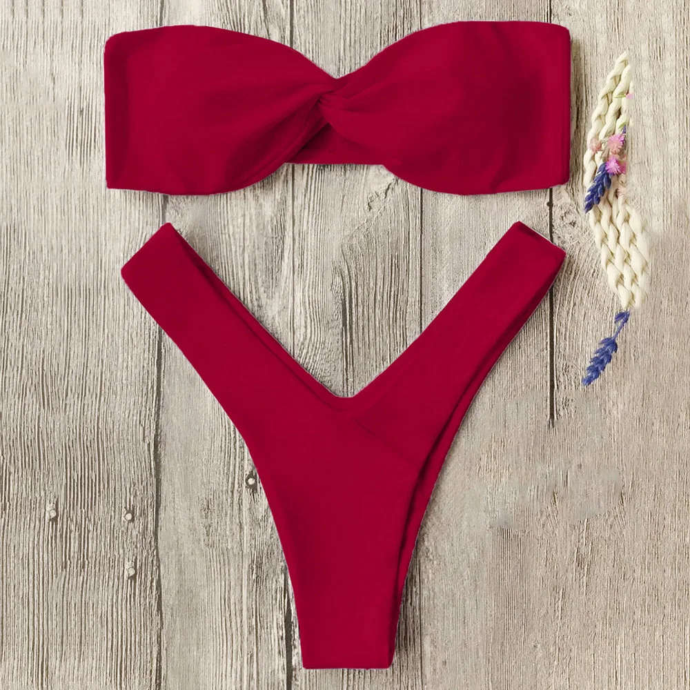 Bandeau Twist Front Thong Sexy Swimwear Bikini Set Bathing Suits Padded Women Swimsuit Beach 6 Colors |