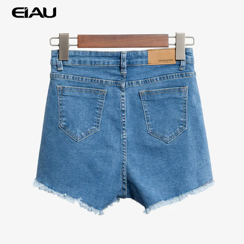Мода Упругие Высокая Талия Шорты 4 Кнопки Кисти Нерегулярные Feminino Джинсовые для