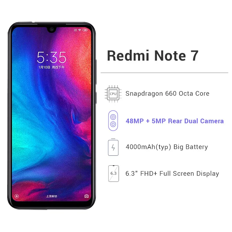 Смартфон Xiaomi Redmi Note 7 с глобальной прошивкой, 3 ГБ, 32 ГБ, Восьмиядерный процессор Snapdragon 660, 4000 мАч, FHD экран 6,3 дюйма, 48 Мп+ 13 МП, мобильный телефон