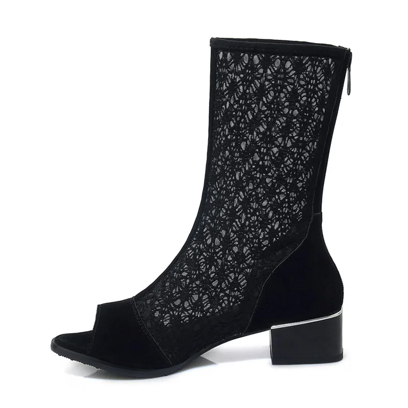 A-BUYBEA новые флоковые и сетки женские ботинки до середины икры на молнии открытый