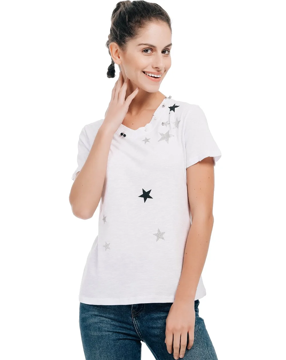 2018 летние и осенние новые с короткими рукавами футболка женский v образным