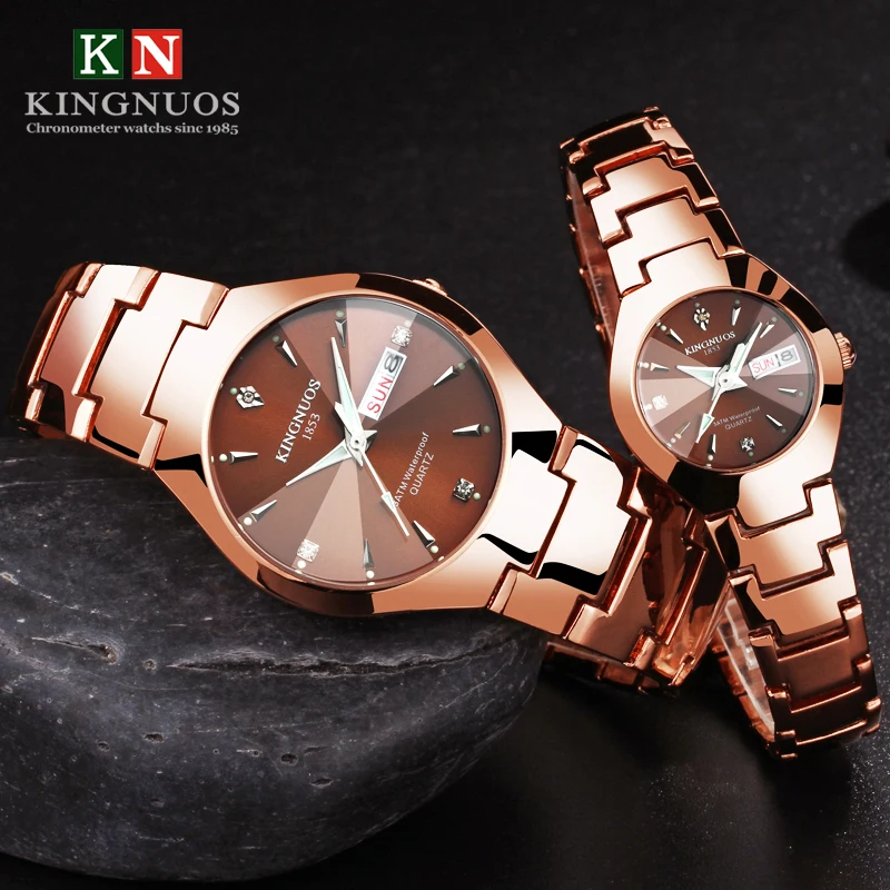 

1Pair Couple Watches Top Luxury Quartz Watches Date Week Stainless Steel Clock For Men Women Luminous Lover Wristwatch+Box