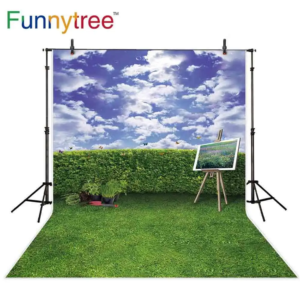 

Funnytree photography backdrops blue sky clouds bush easel green Grassland outdoor nature photo studio background photophone