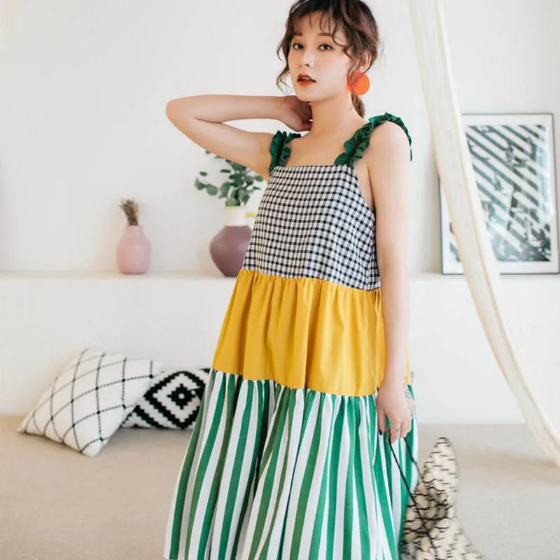 Лоскутное свободное Полосатое плиссированное платье с бретелькой на шее уличная