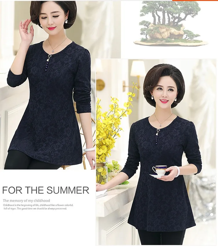 Spring New Middle-Aged Women Tops& Tees O-Neck Fashion Print Thickening Long T Shirt Women T363