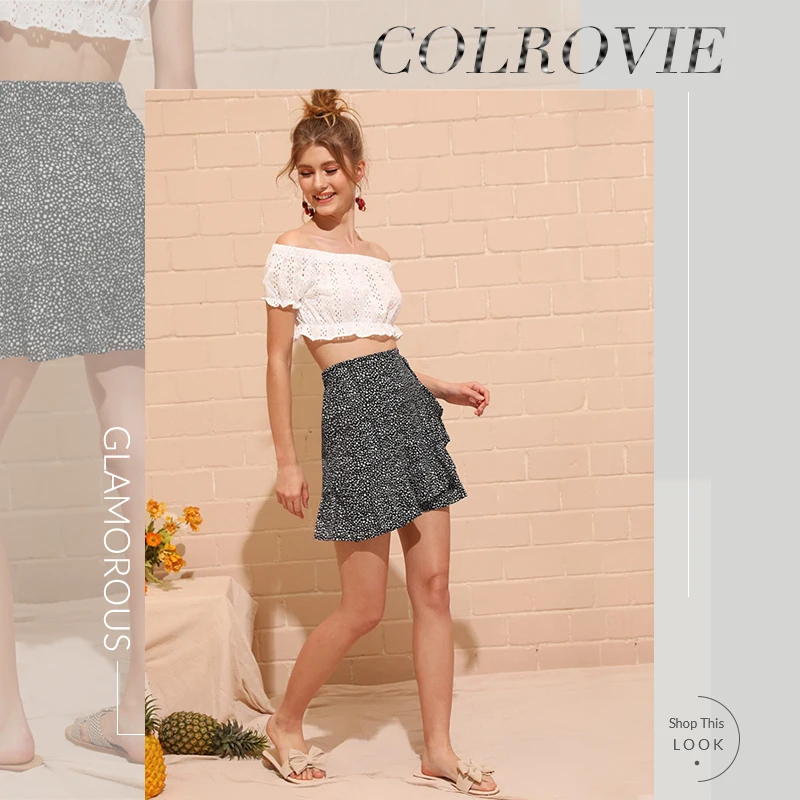 COLROVIE, зеленая далматинская мини-юбка с рюшами и узлом, Женская мини-юбка в стиле бохо,, летние пляжные, праздничные, цельнокроеные женские юбки