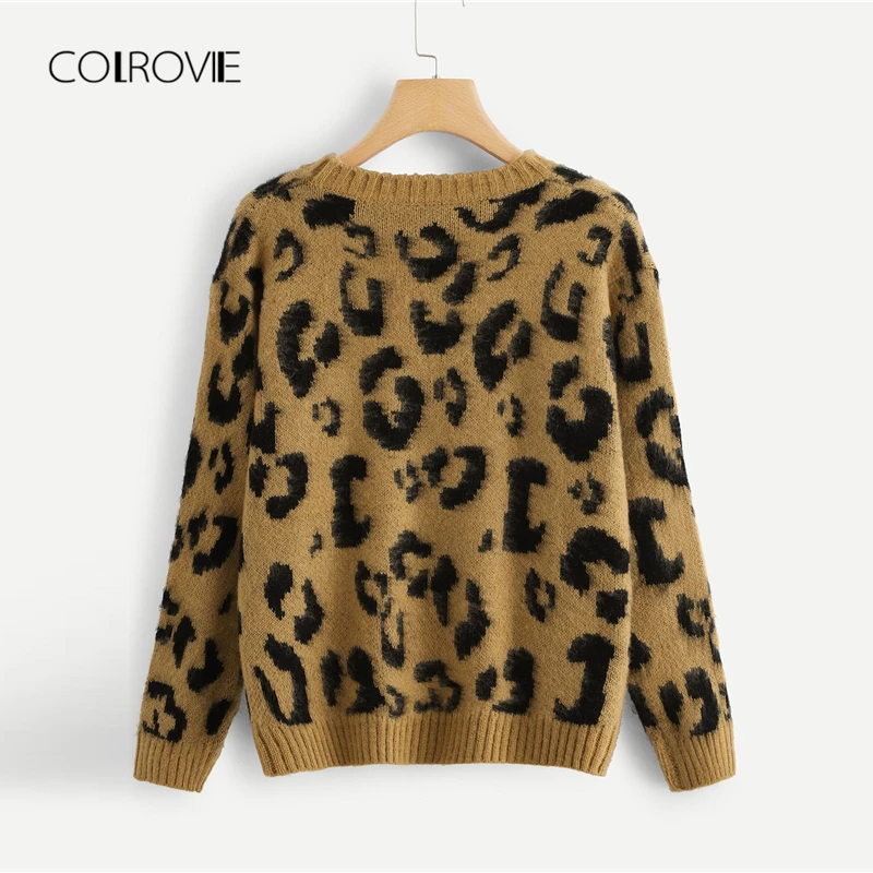 COLROVIE, Леопардовый принт, пушистый сексуальный свитер, женские топы, осень, Повседневный пуловер, зимний джемпер, элегантные женские свитера