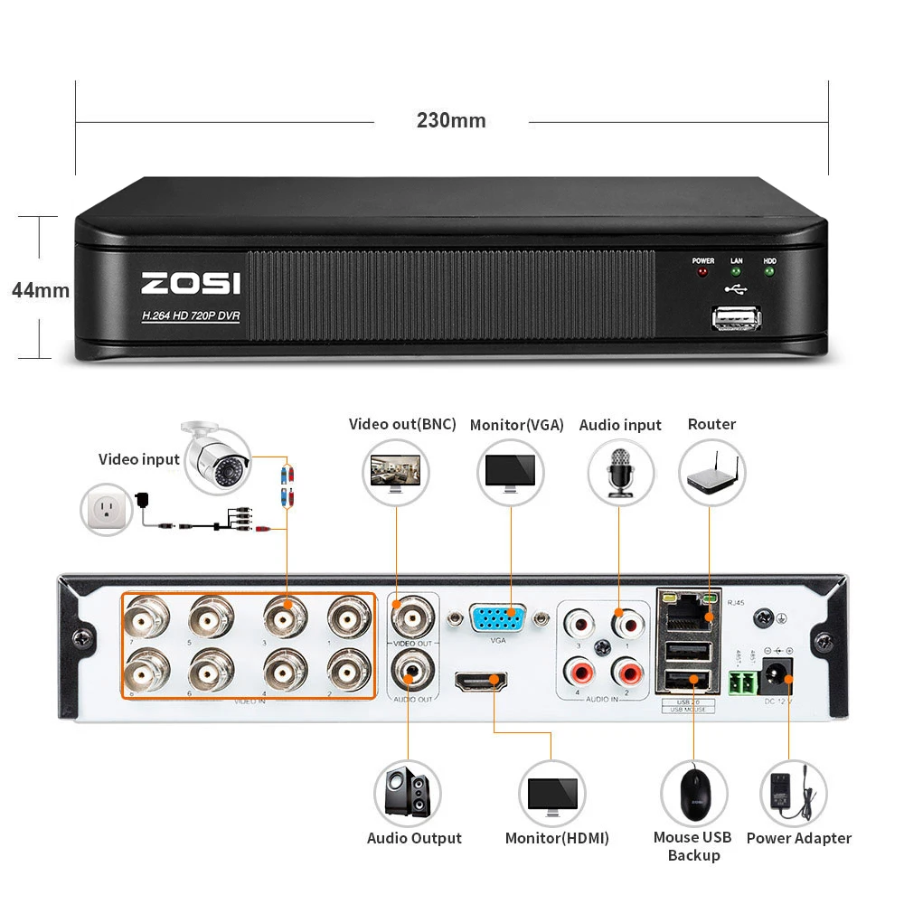 ZOSI 8CH система видеонаблюдения набор 1080N TVI DVR 8 шт. 1280TVL уличная инфракрасная камера видеонаблюдения 8-канальный комплект видеонаблюдения DVR