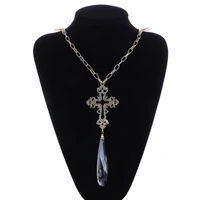 kpop fashion metal cross pendant necklace graceful shiny elegant crystal sweater chain personality women neck accessories 2019