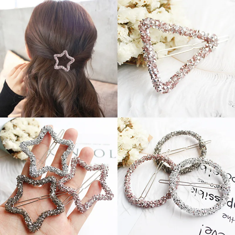 1Pcs Fashion Crystal Rhinestones Hair Clip Hairpin Star Triangle Round Shape Women Hair Clips Barrettes Hair Styling Accessories