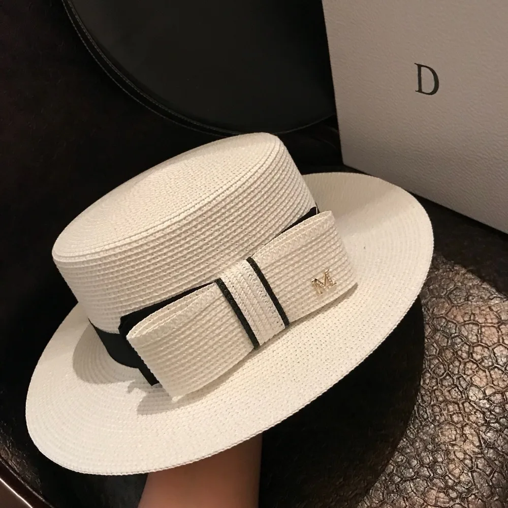 French Straw Flat Top Bow Female Sun Hats M Panama Elegant Wide Brim Anti-UV Beach Hat Women's Summer Sun Cap Gorras