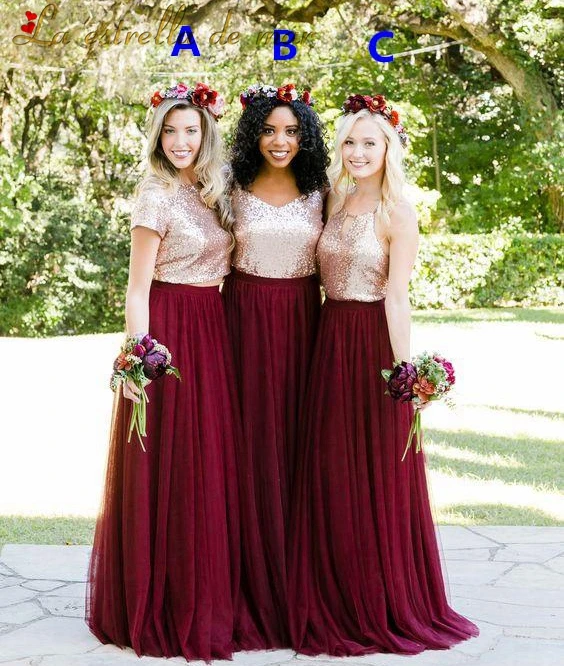 Vestido de madrinha de casamento longo новые расшитые блестками фатиновые 3 стиля 2 шт бордовые платья для подружки невесты Плюс Размер