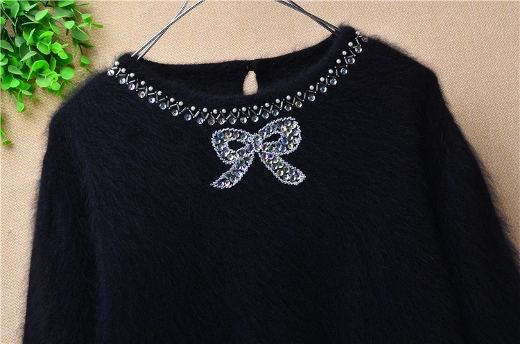 Elegant autumn winter bowknot angora rabbit wool bead Diamond o-neck loose long sleeves mink fur pullover sweater blouses women | Женская
