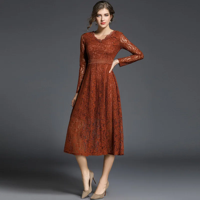 2018 New Spring Sexy Lace Dress V-neck High Waist Long Sleeve Women Elegant Female Party | Женская одежда