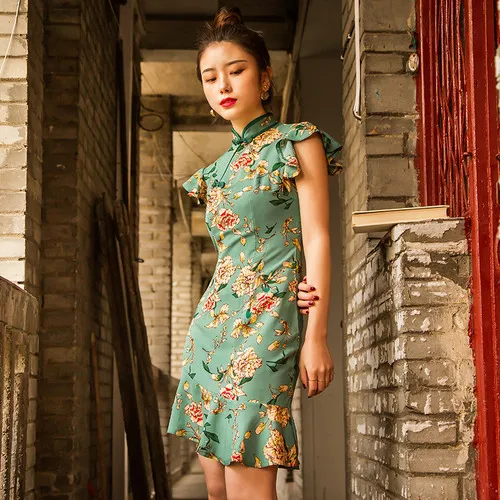 Летнее платье женское классический элегантный Cheongsam китайский стиль короткий